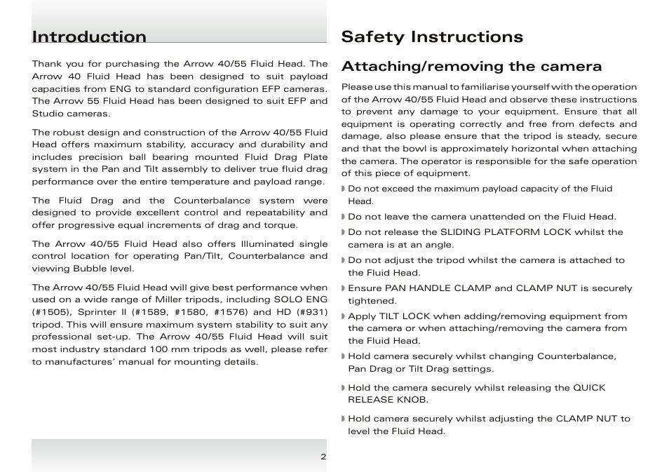 Introduction safety instructions, Attaching/removing the camera | Miller Arrow 55 User Manual | Page 3 / 12