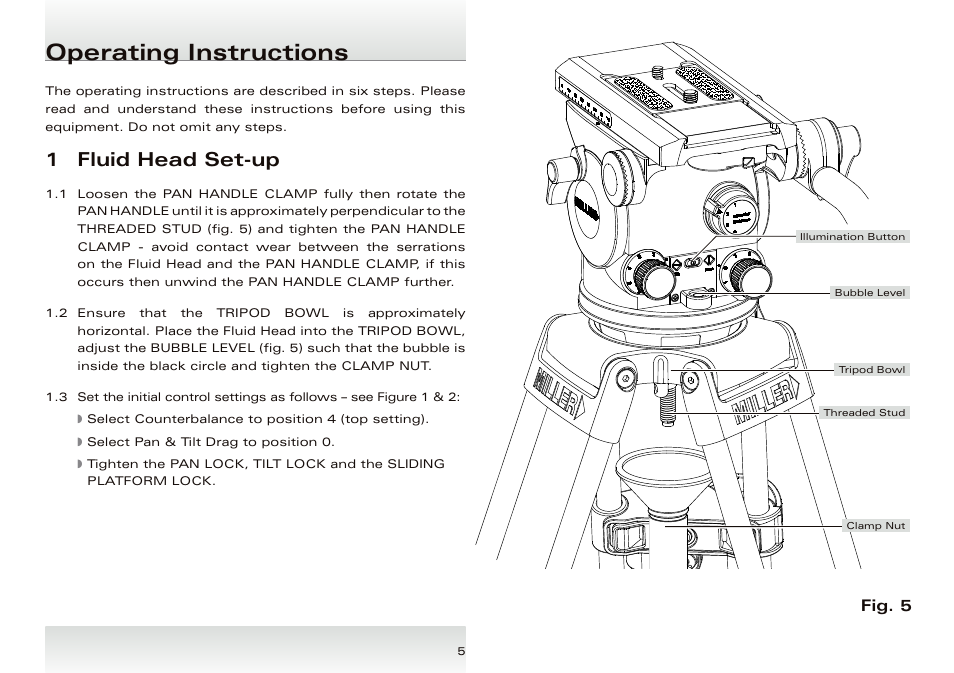 Operating instructions, 1 fluid head set-up, Fig. 5 | Miller Arrow 55 User Manual | Page 6 / 12