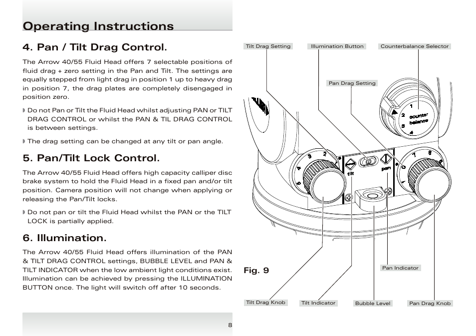 Operating instructions, Pan / tilt drag control, Pan/tilt lock control | Illumination, Fig. 9 | Miller Arrow 55 User Manual | Page 9 / 12