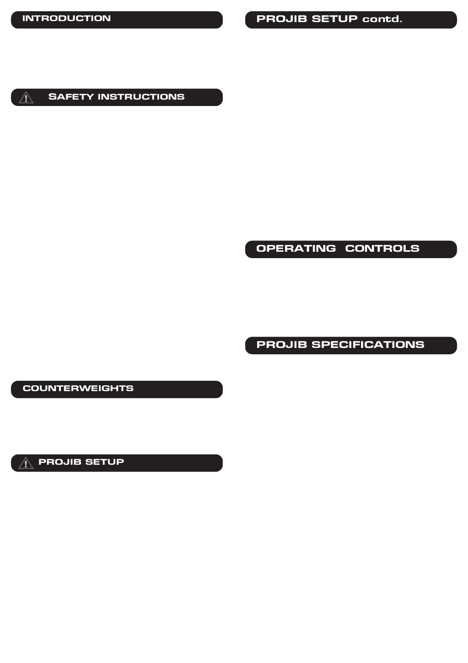 Projib setup contd, Operating controls projib specifications | Miller Camera Support Tripod User Manual | Page 2 / 2