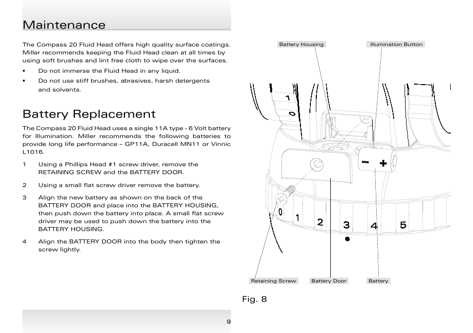 Battery replacement, Maintenance, Fig. 8 | Miller Compass 20 User Manual | Page 10 / 12