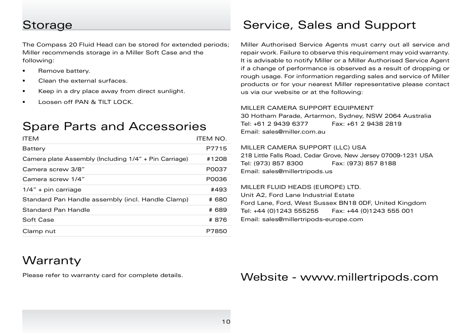 Spare parts and accessories, Warranty, Storage service, sales and support | Miller Compass 20 User Manual | Page 11 / 12