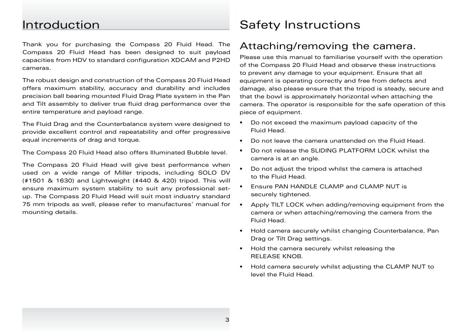 Introduction safety instructions, Attaching/removing the camera | Miller Compass 20 User Manual | Page 4 / 12