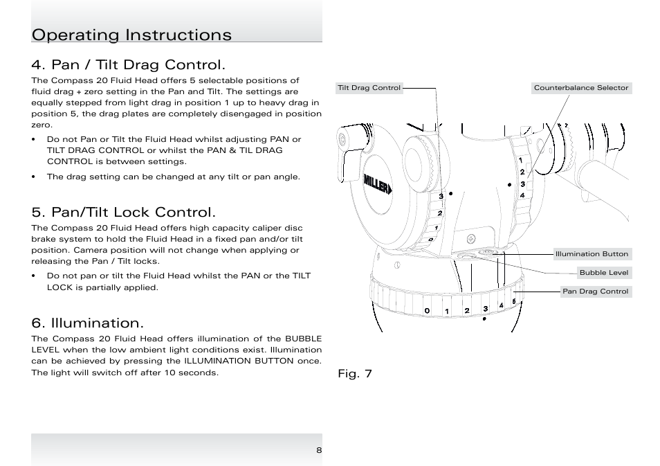 Operating instructions, Pan / tilt drag control, Pan/tilt lock control | Illumination | Miller Compass 20 User Manual | Page 9 / 12