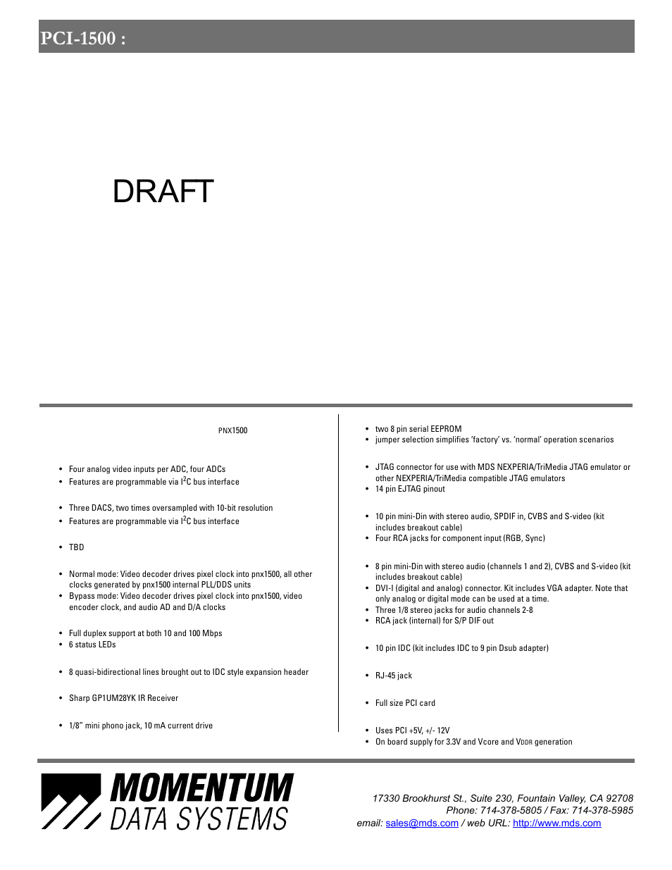 Draft, Pci-1500 | Momentum Sales & Marketing Momentum Data Systems PCI-1500 User Manual | Page 2 / 4