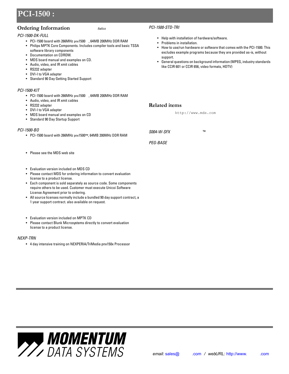 発注型番など, Draft, Pci-1500 | Ordering information, Related items | Momentum Sales & Marketing Momentum Data Systems PCI-1500 User Manual | Page 4 / 4