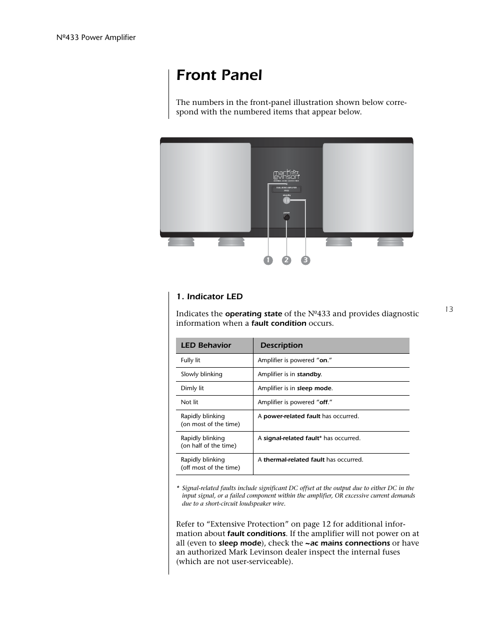 Front panel, Indicator led | Mark Levinson 433 User Manual | Page 13 / 34