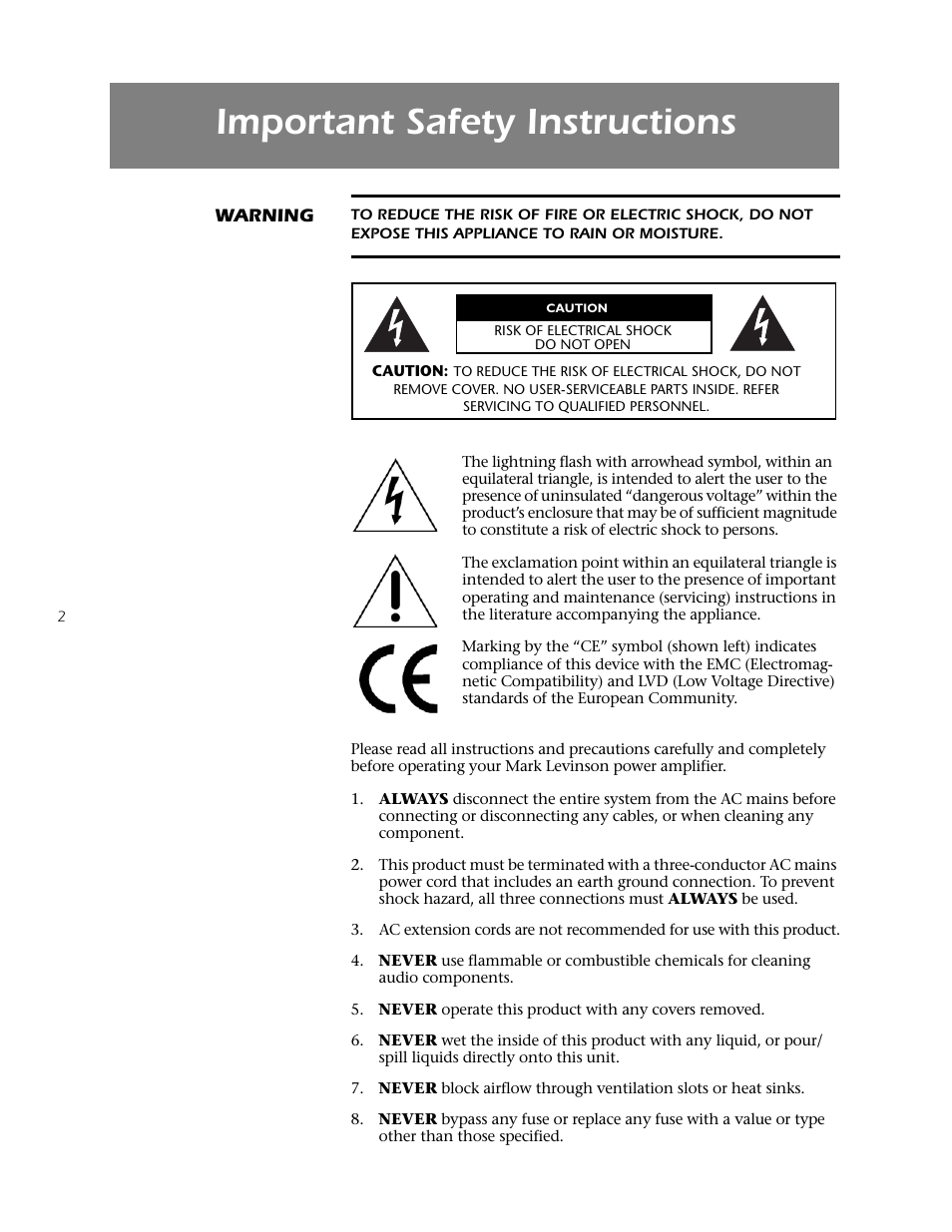 Important safety instructions | Mark Levinson 433 User Manual | Page 2 / 34