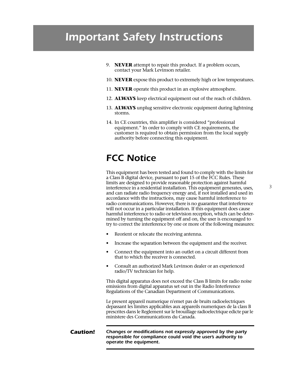 Important safety instructions, Fcc notice | Mark Levinson 433 User Manual | Page 3 / 34