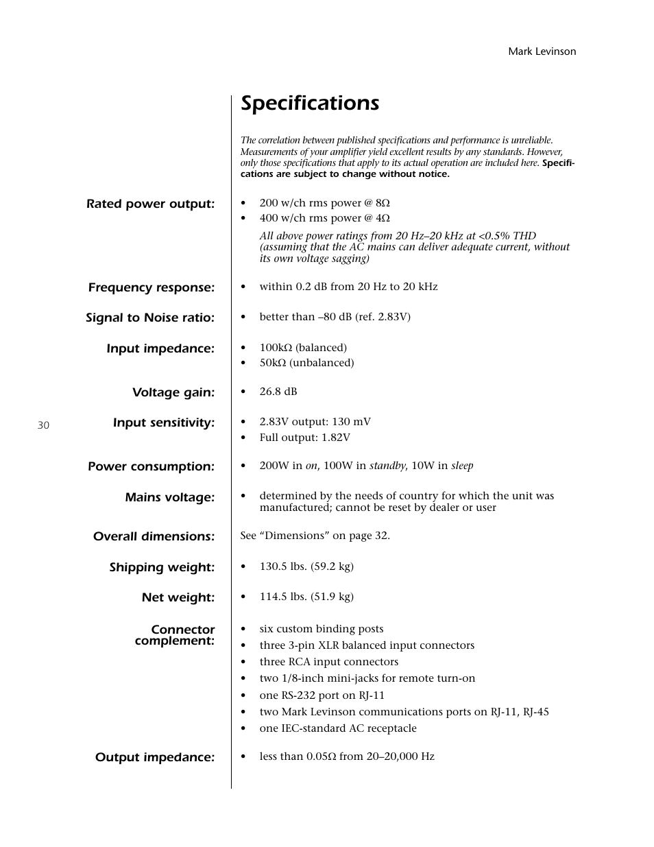 Specifications | Mark Levinson 433 User Manual | Page 30 / 34