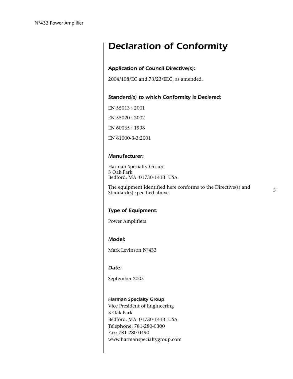 Declaration of conformity | Mark Levinson 433 User Manual | Page 31 / 34