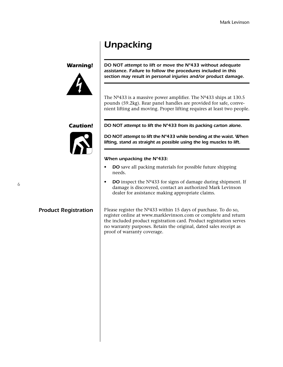 Unpacking | Mark Levinson 433 User Manual | Page 6 / 34