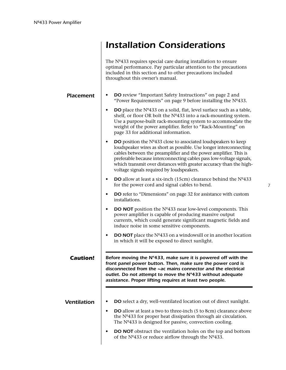 Installation considerations | Mark Levinson 433 User Manual | Page 7 / 34