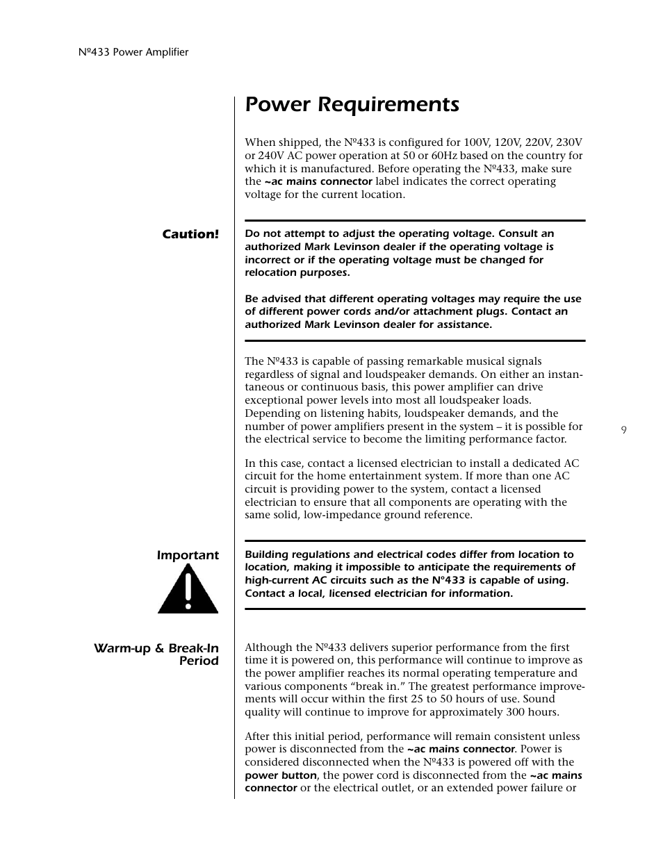 Power requirements | Mark Levinson 433 User Manual | Page 9 / 34