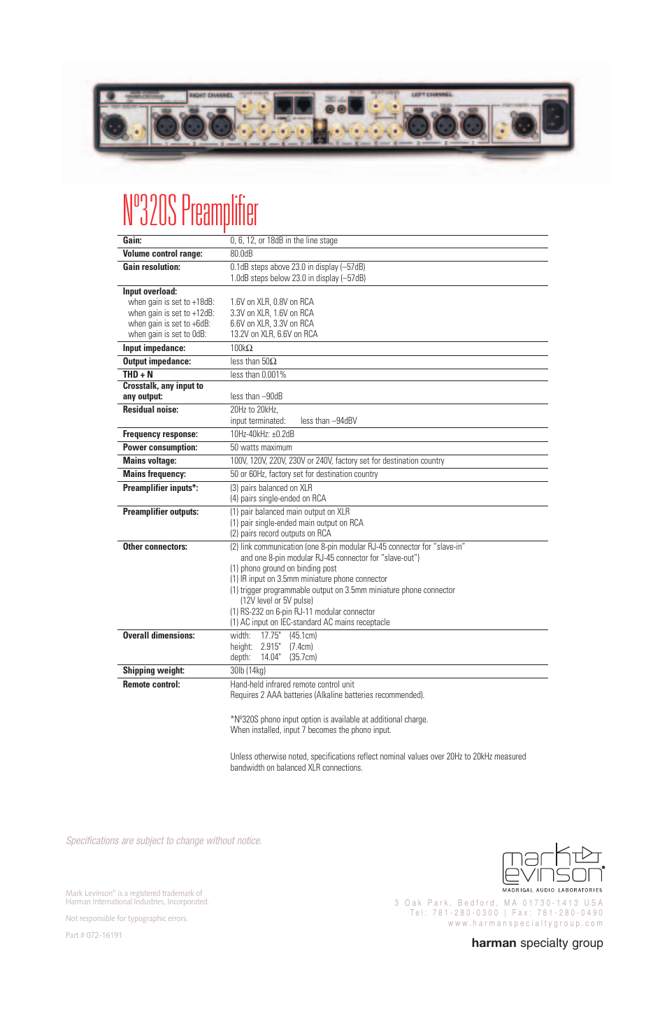 Nº320s preamplifier, Harman specialty group | Mark Levinson N 320S User Manual | Page 4 / 4