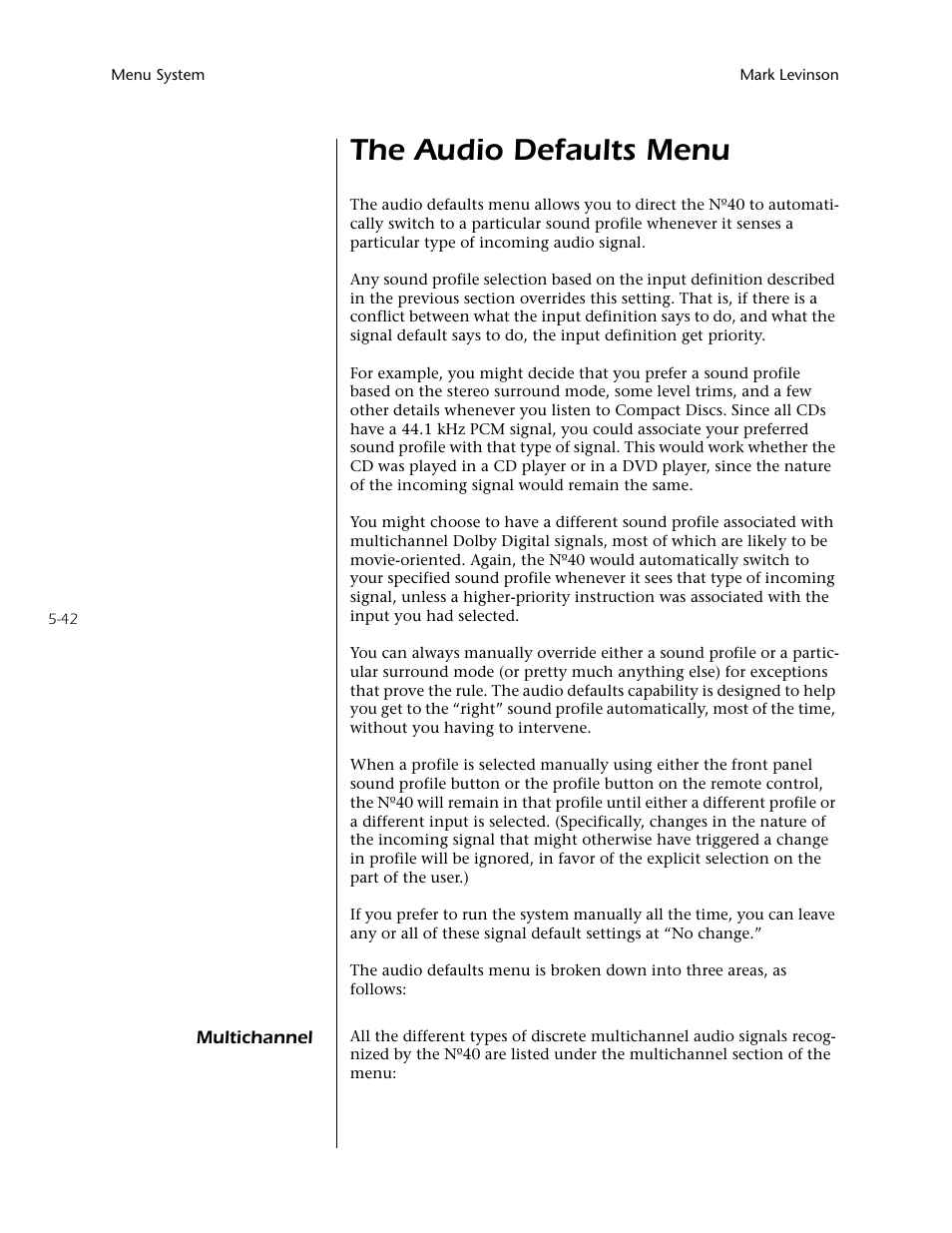 The audio defaults menu -42, Multichannel -42, The audio defaults menu | Mark Levinson N40 User Manual | Page 108 / 156