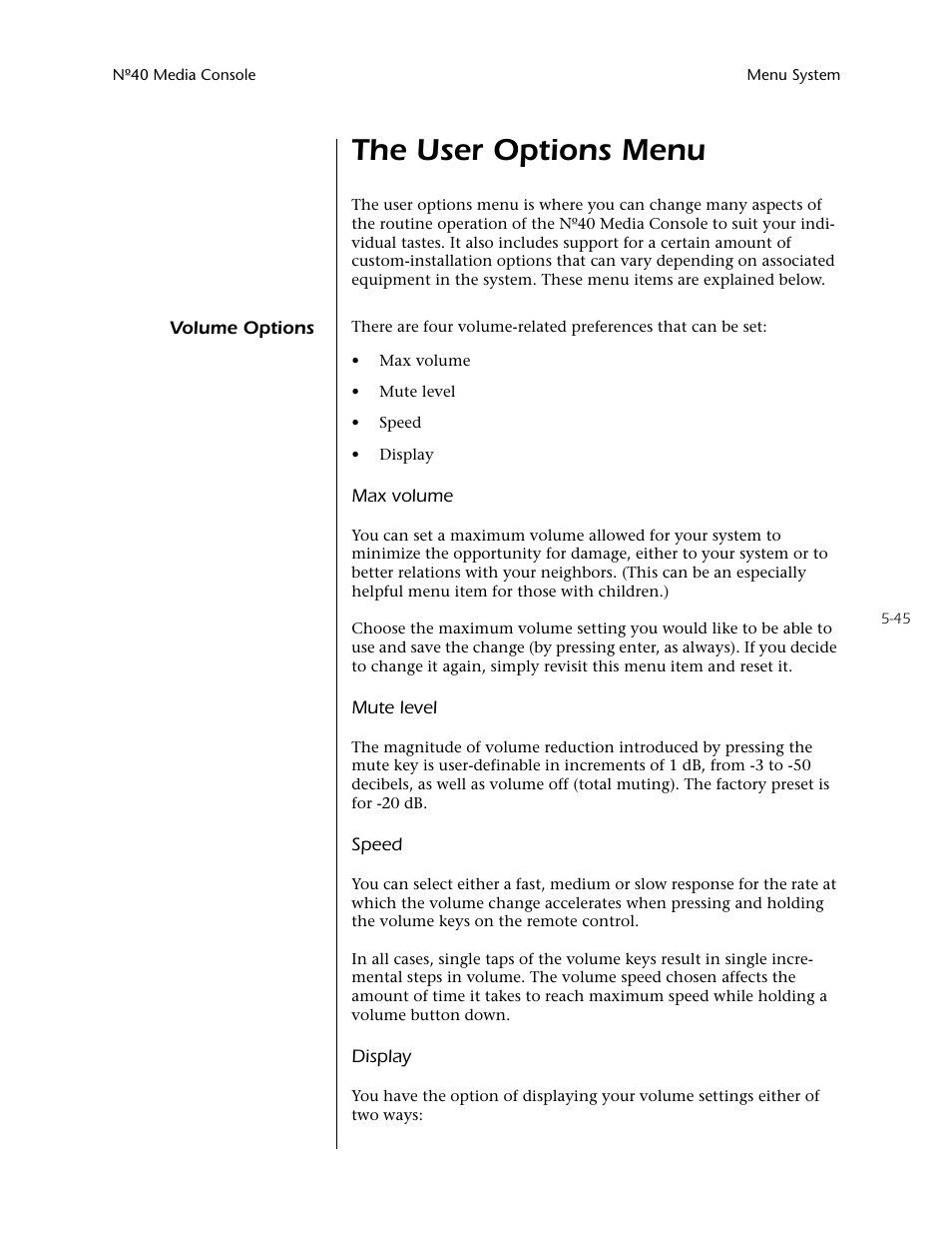 The user options menu -45, Volume options -45, The user options menu | Mark Levinson N40 User Manual | Page 111 / 156