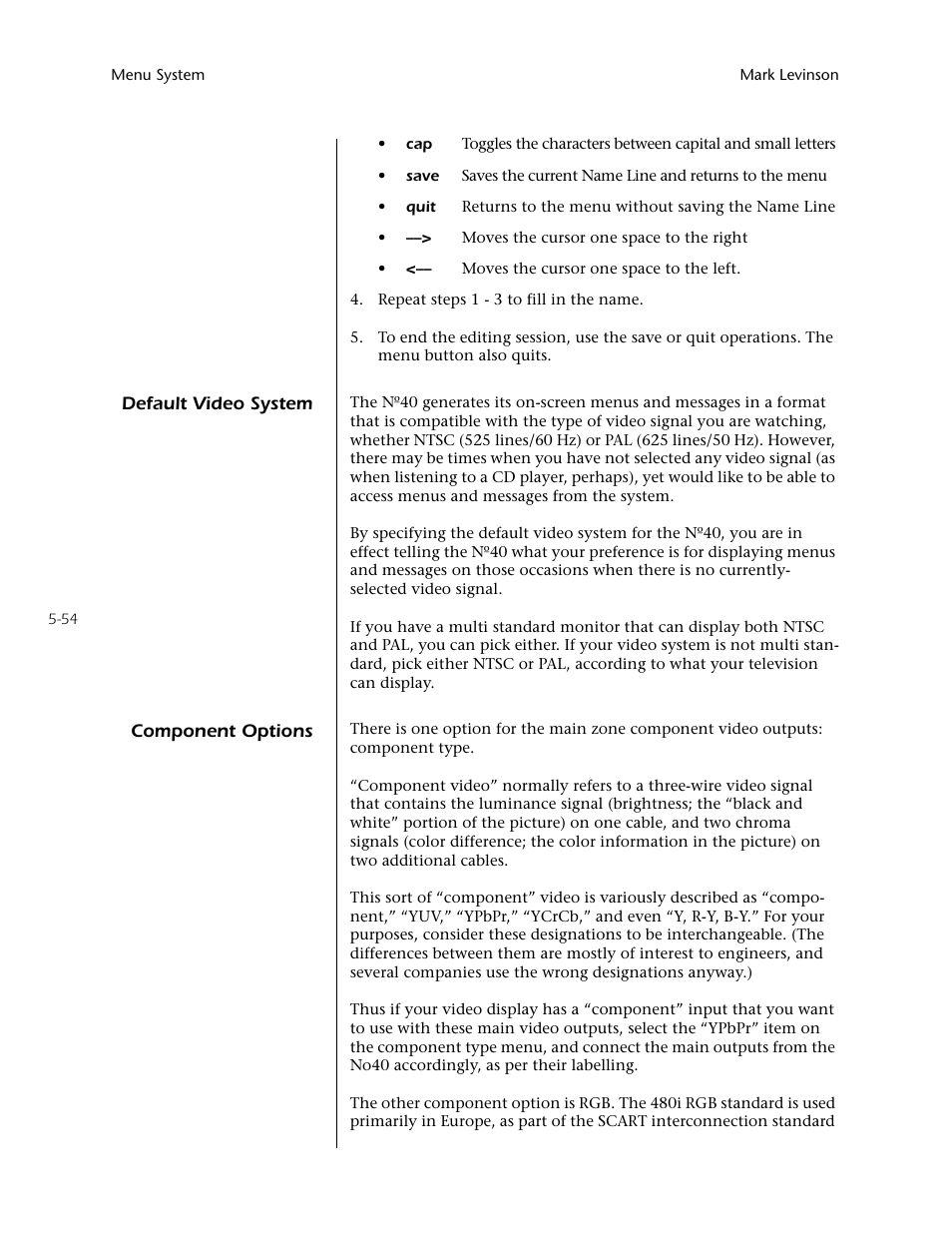 Default video system -54 component options -54 | Mark Levinson N40 User Manual | Page 120 / 156