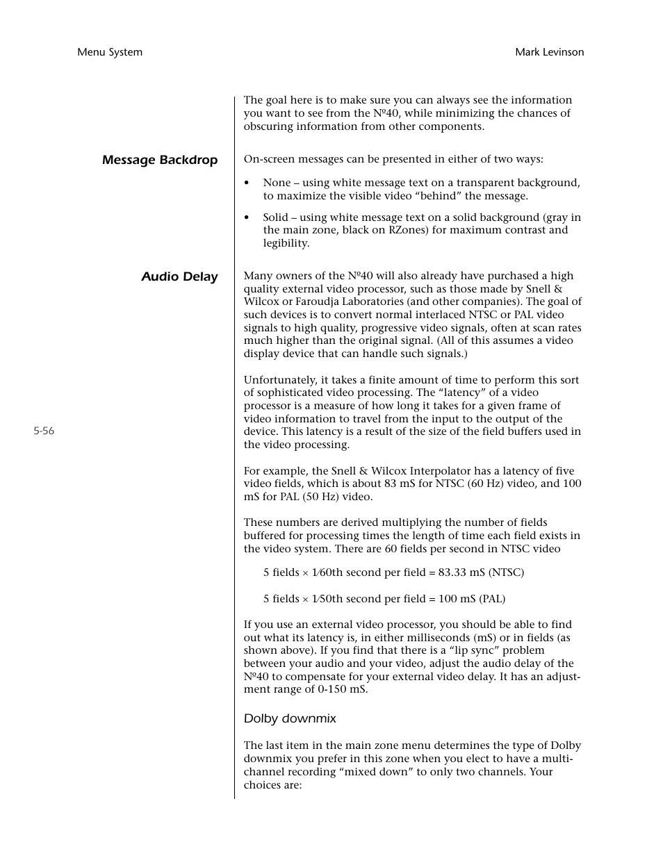 Message backdrop -56 audio delay -56 | Mark Levinson N40 User Manual | Page 122 / 156