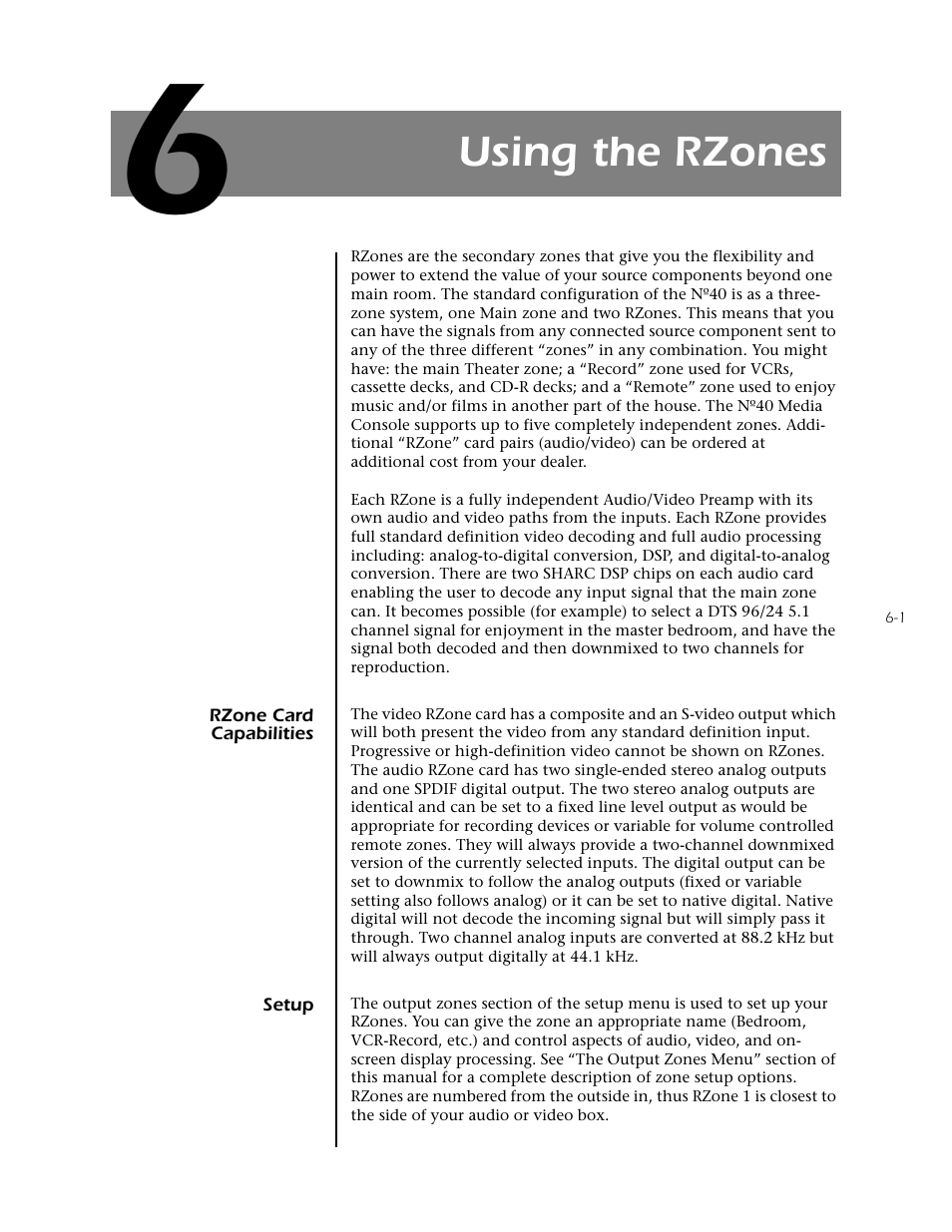 Section 6: using the rzones, Rzone card capabilities -1 setup -1, Using the rzones | Mark Levinson N40 User Manual | Page 135 / 156