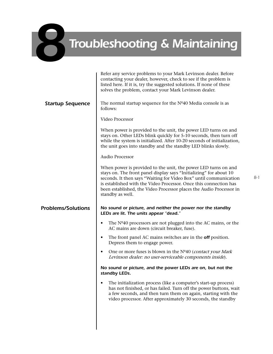 Section 8: troubleshooting & maintaining, Startup sequence -1 problems/solutions -1, Troubleshooting & maintaining | Mark Levinson N40 User Manual | Page 143 / 156