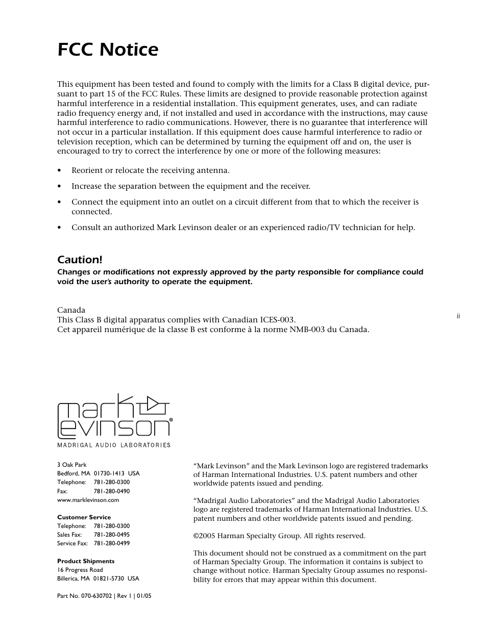 Fcc notice, Caution | Mark Levinson N40 User Manual | Page 3 / 156