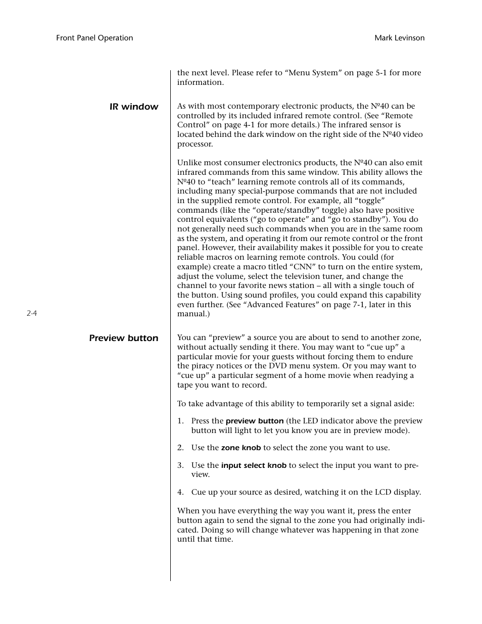 Ir window -4 preview button -4 | Mark Levinson N40 User Manual | Page 30 / 156