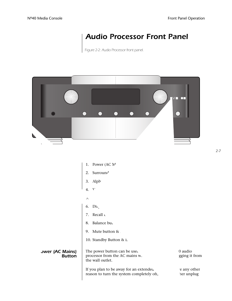 Audio processor front panel -7, Power (ac mains) button -7, Audio processor front panel | Mark Levinson N40 User Manual | Page 33 / 156