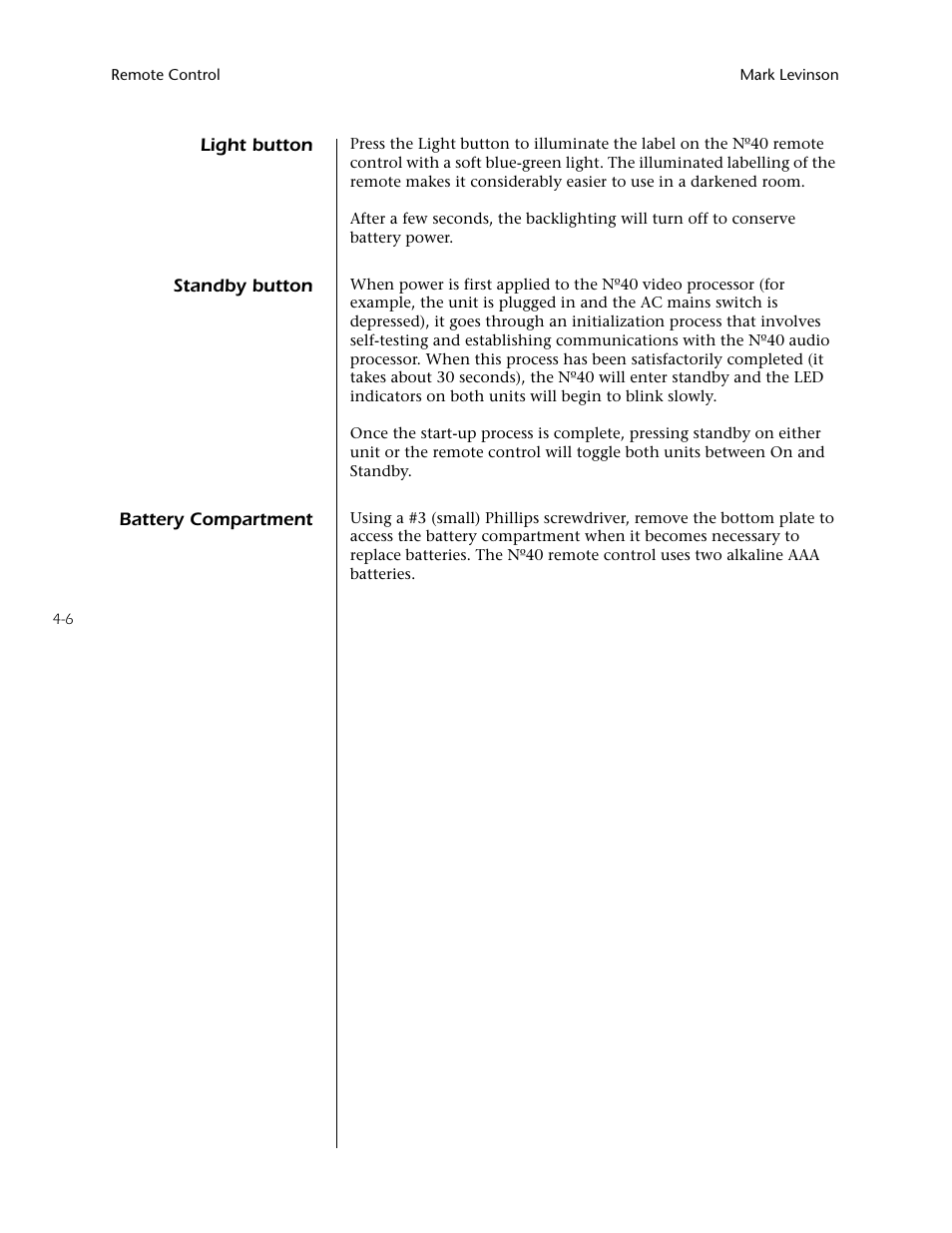 Light button -6, Standby button -6 battery compartment -6 | Mark Levinson N40 User Manual | Page 44 / 156