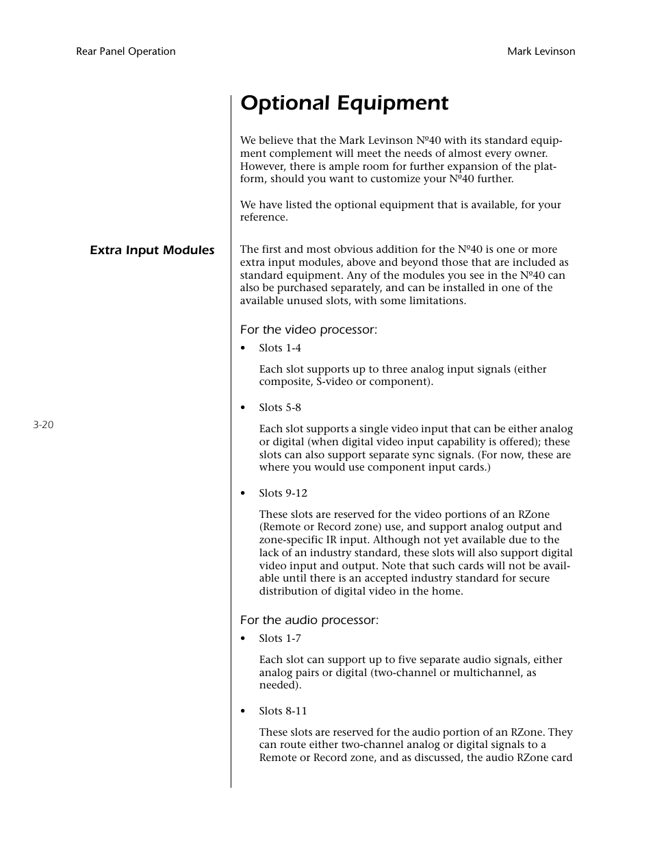 Optional equipment -20, Extra input modules -20, Optional equipment | Mark Levinson N40 User Manual | Page 64 / 156