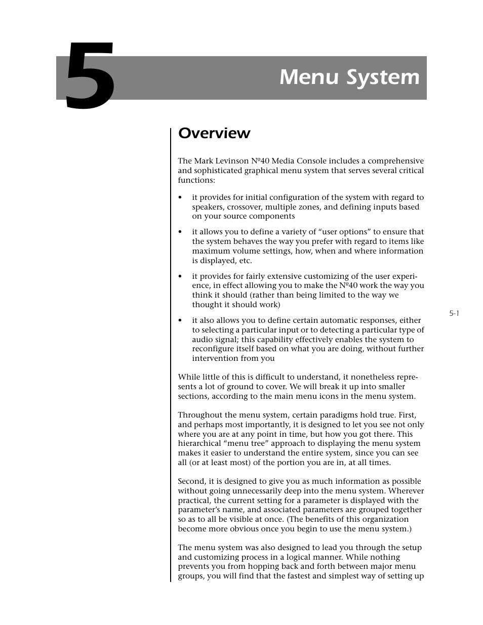 Section 5: menu system, Overview -1, Menu system | Mark Levinson N40 User Manual | Page 67 / 156