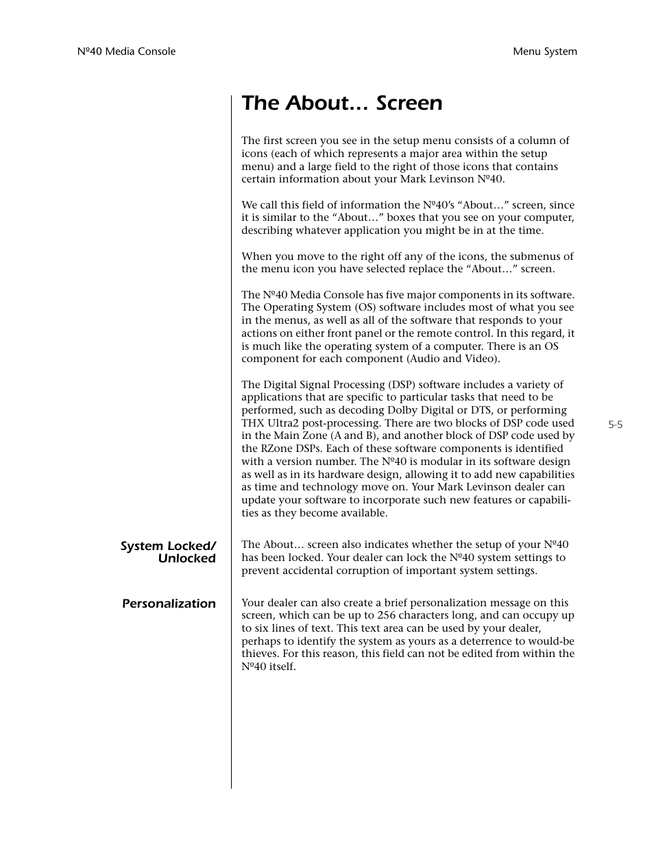 The about... screen -5, System locked/unlocked -5 personalization -5, The about... screen | Mark Levinson N40 User Manual | Page 71 / 156