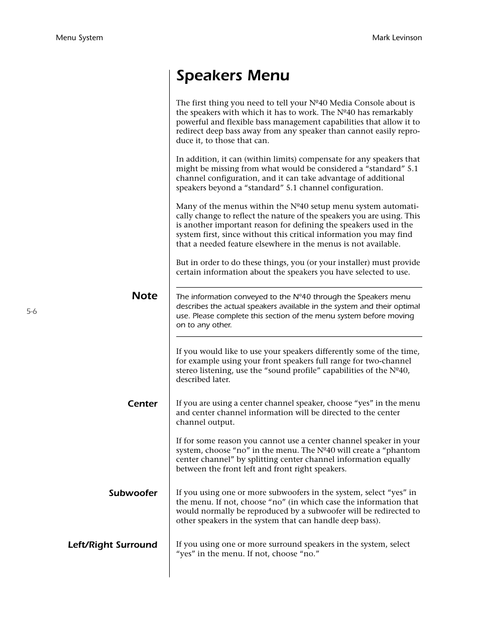 Speakers menu -6, Center -6 subwoofer -6 left/right surround -6, Speakers menu | Mark Levinson N40 User Manual | Page 72 / 156