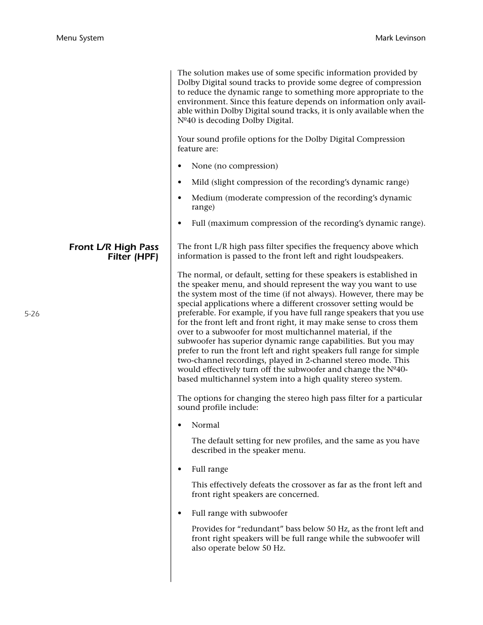 Front l/r high pass filter (hpf) -26 | Mark Levinson N40 User Manual | Page 92 / 156