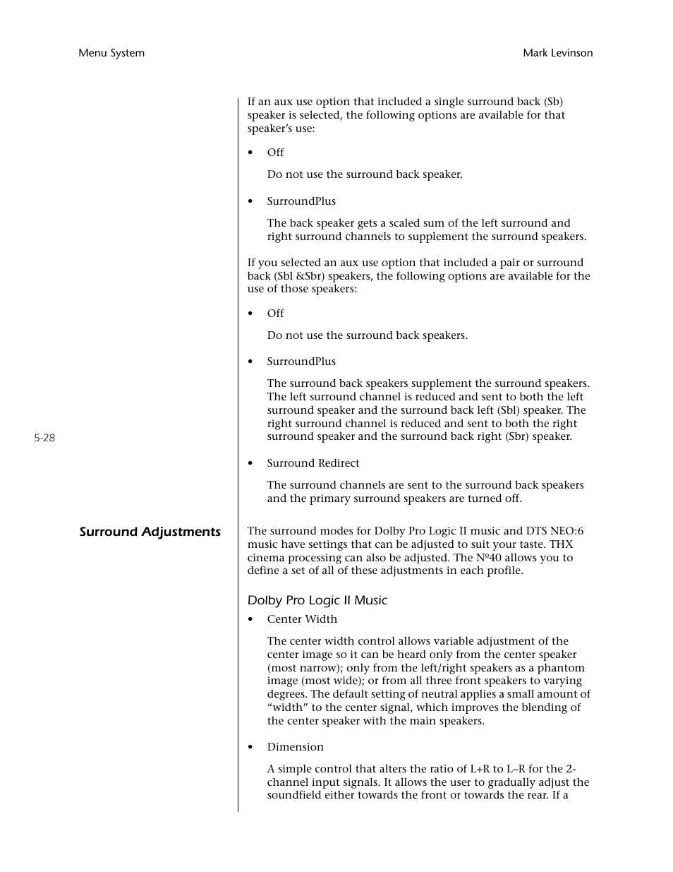 Surround adjustments -28 | Mark Levinson N40 User Manual | Page 94 / 156