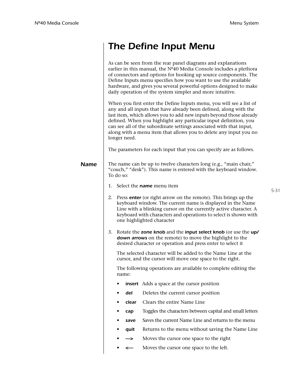 The define input menu -31, Name -31, The define input menu | Mark Levinson N40 User Manual | Page 97 / 156