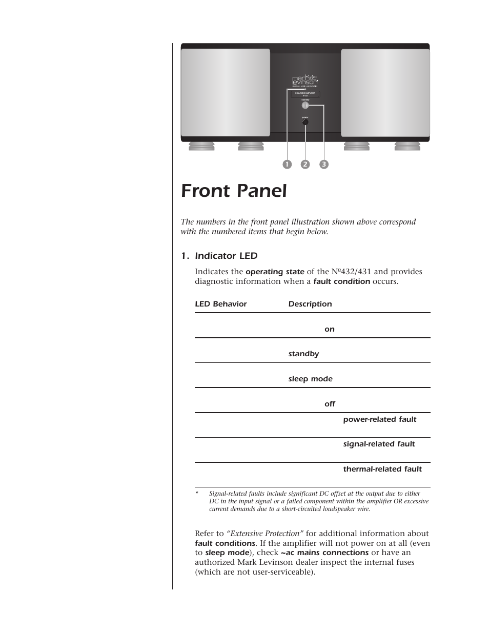 Front panel, Indicator led | Mark Levinson N432 N431 User Manual | Page 13 / 36