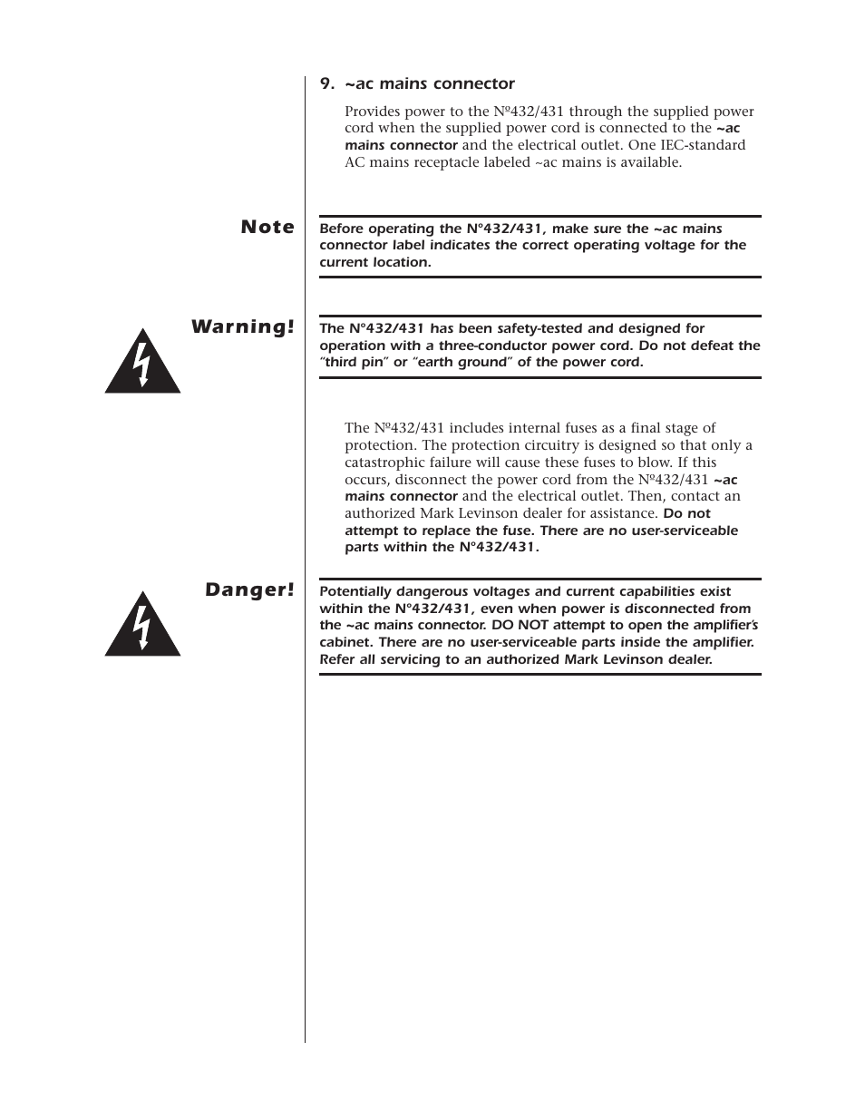 Warning, Danger | Mark Levinson N432 N431 User Manual | Page 19 / 36