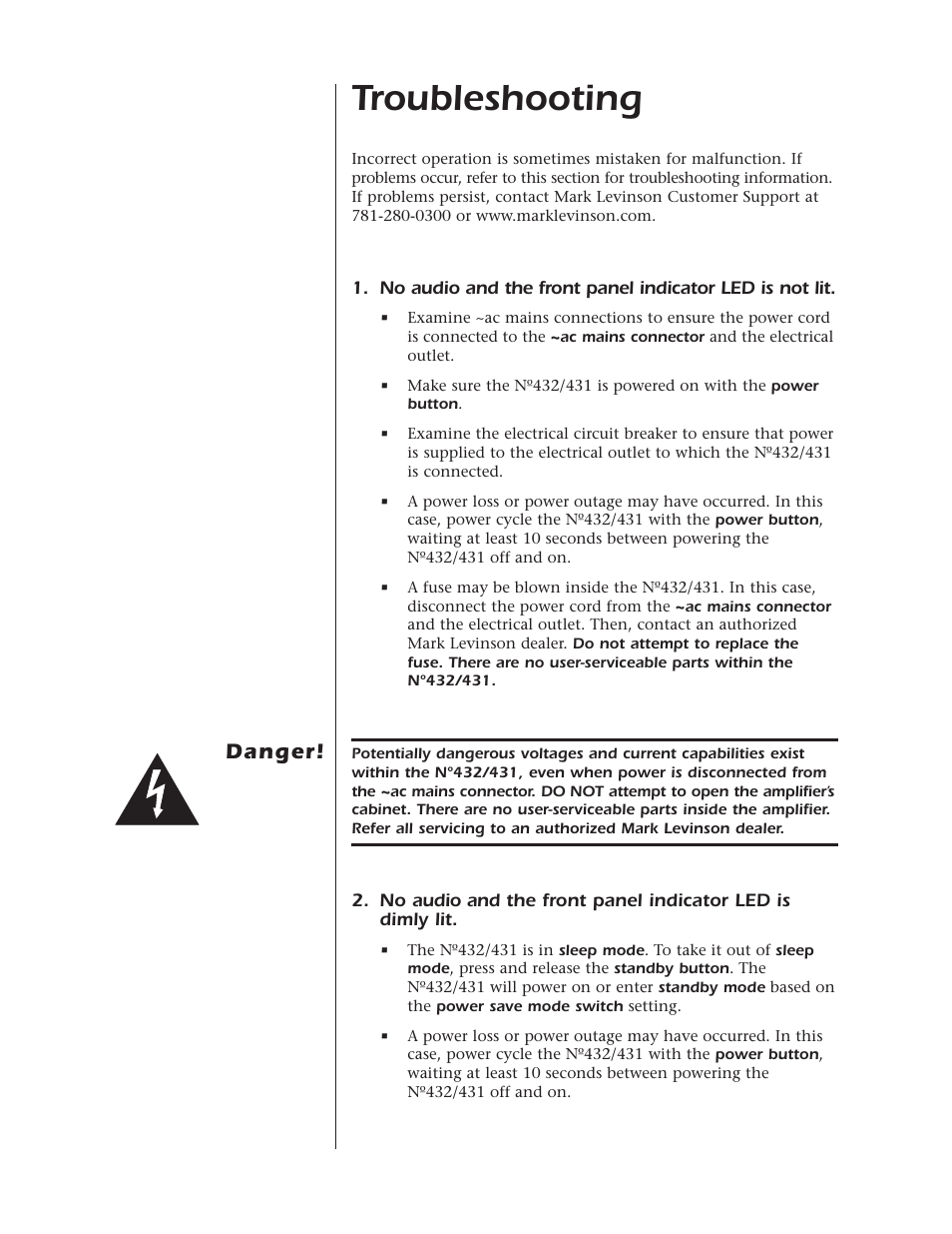 Troubleshooting, Danger | Mark Levinson N432 N431 User Manual | Page 25 / 36