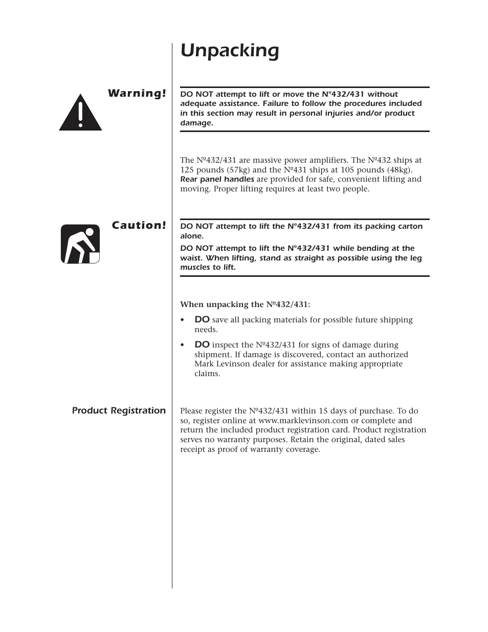 Unpacking, Warning, Caution | Mark Levinson N432 N431 User Manual | Page 6 / 36