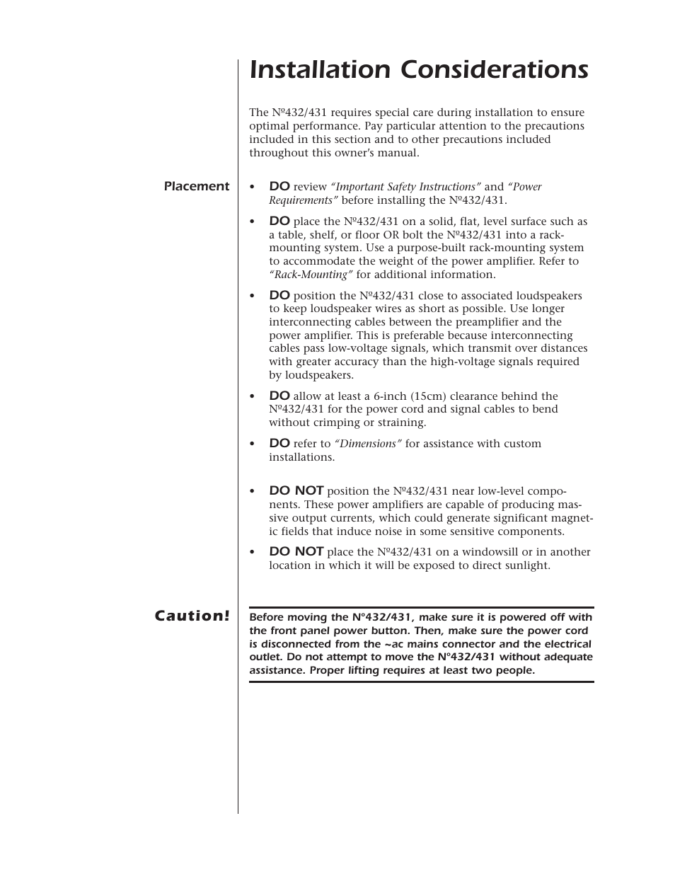 Installation considerations, Caution | Mark Levinson N432 N431 User Manual | Page 7 / 36