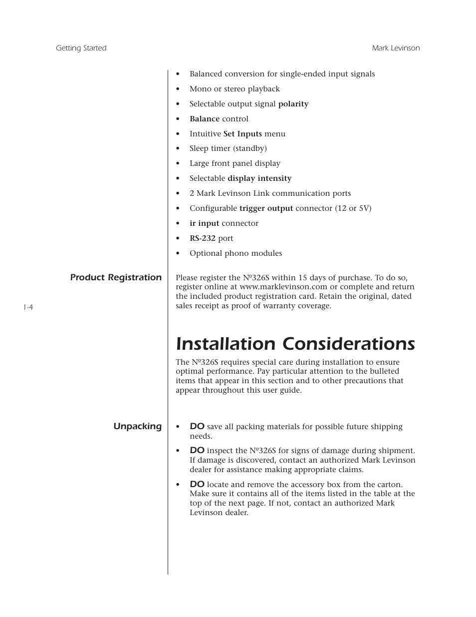 Installation considerations | Mark Levinson N 326S User Manual | Page 12 / 80