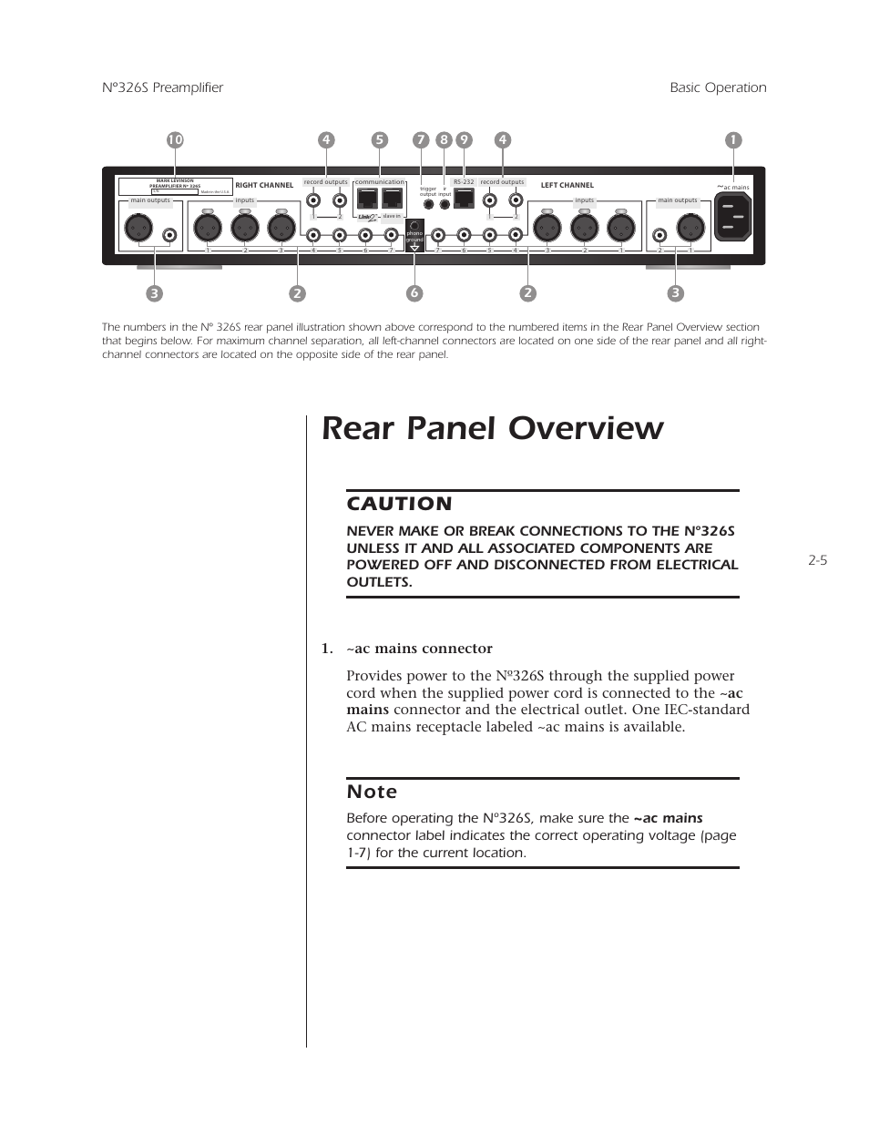 Rear panel overview, Caution, 5 nº326s preamplifier basic operation | Mark Levinson N 326S User Manual | Page 23 / 80