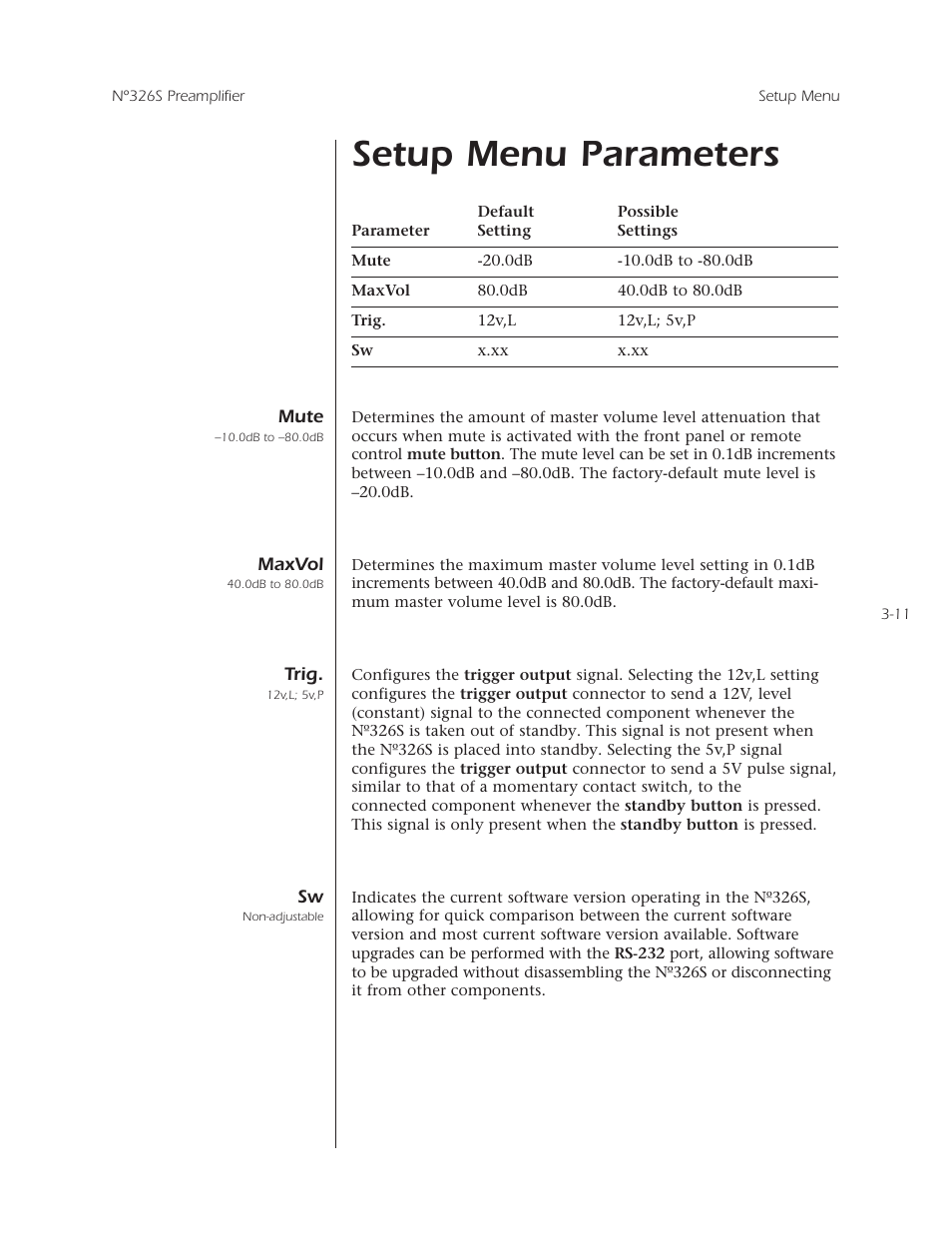 Setup menu parameters | Mark Levinson N 326S User Manual | Page 49 / 80