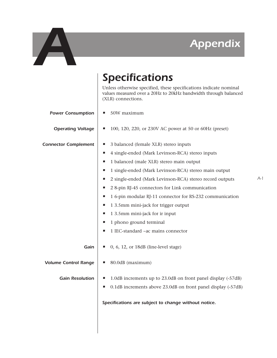 Specifications, Appendix | Mark Levinson N 326S User Manual | Page 67 / 80