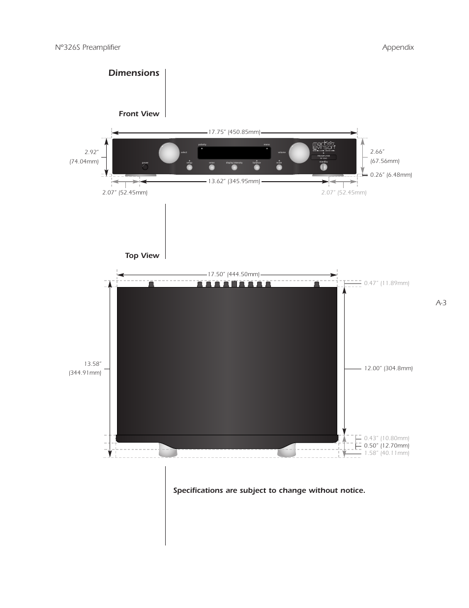 Dimensions, A-3 nº326s preamplifier appendix, Front view | Mark Levinson N 326S User Manual | Page 69 / 80