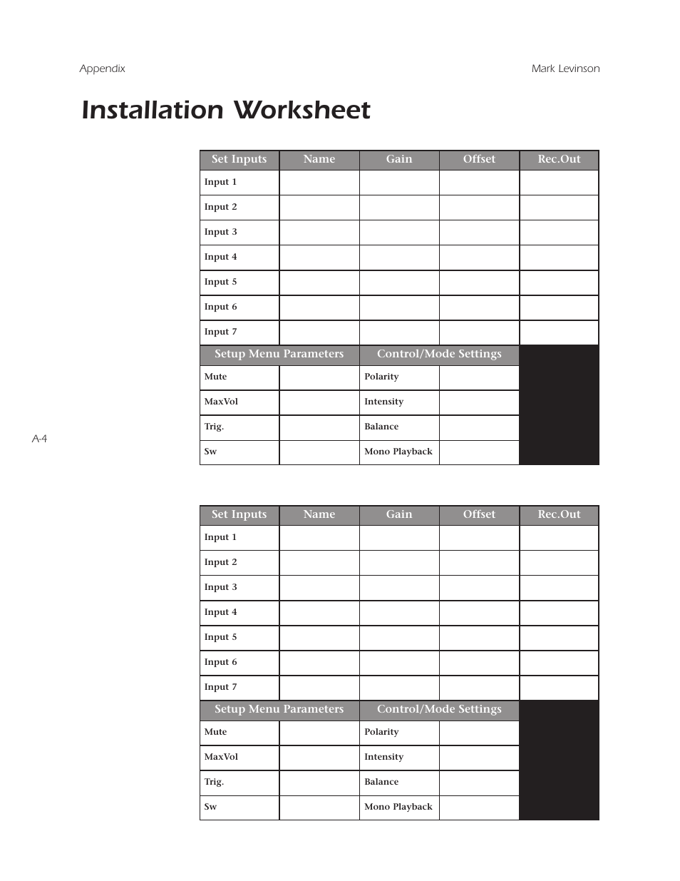 Installation worksheet | Mark Levinson N 326S User Manual | Page 70 / 80