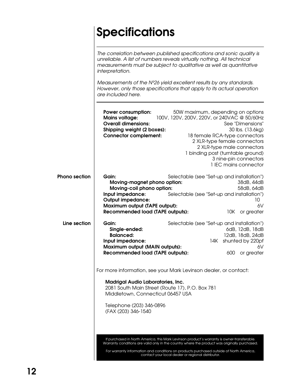 Specifications | Mark Levinson DUAL MONAURAL PREAMPLIFIER N26 User Manual | Page 18 / 21
