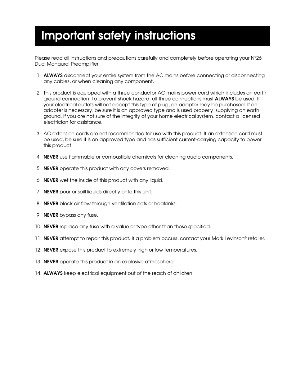 Important safety instructions | Mark Levinson DUAL MONAURAL PREAMPLIFIER N26 User Manual | Page 3 / 21
