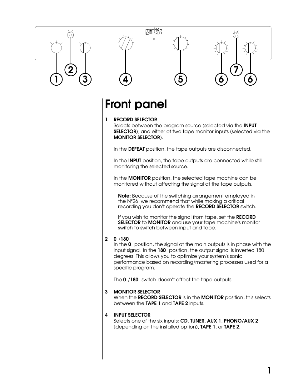 Front panel | Mark Levinson DUAL MONAURAL PREAMPLIFIER N26 User Manual | Page 7 / 21